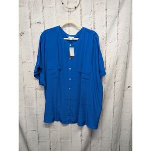 J. Jill Rayon Royal Blue Shirt Plus Size 4X Button Up‎ Short Sleeve Blouse New